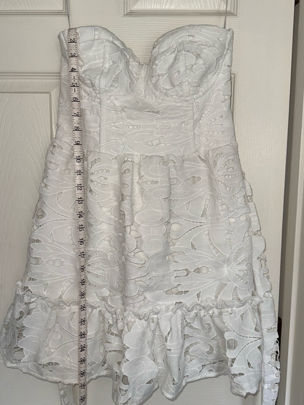 Lulu's White Strapless Lace Fit-and-Flare Dress with Ruffle Hem